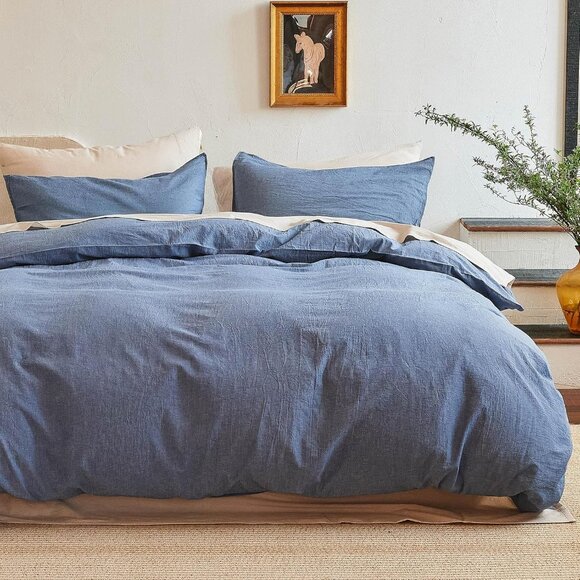 Duvet Cover Set Queen 100% Washed Cotton Linen Like Cooling Breathable Durable